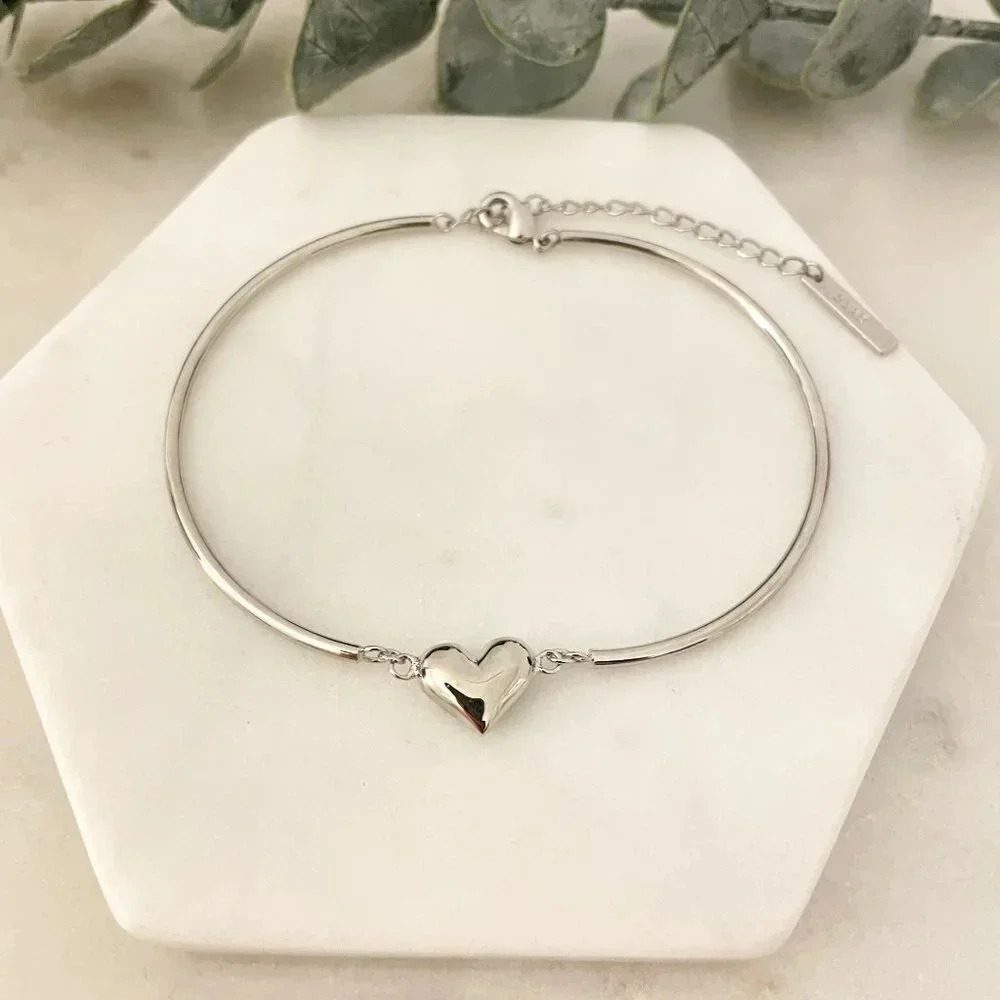 925 Sterling Silver Heart Cuff Bracelet Heart Pendant Bangle Bracelet - Picture 3 of 7